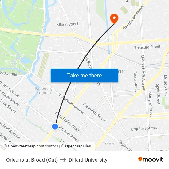 Orleans at Broad (Out) to Dillard University map