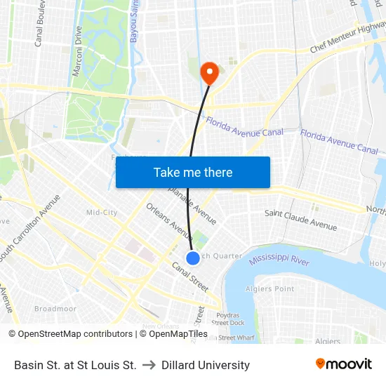 Basin St. at St Louis St. to Dillard University map