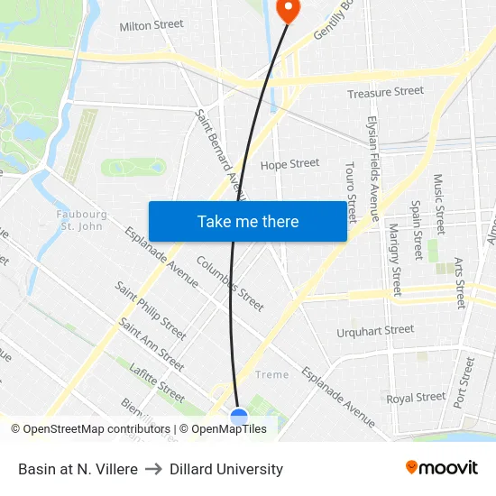 Basin at N. Villere to Dillard University map