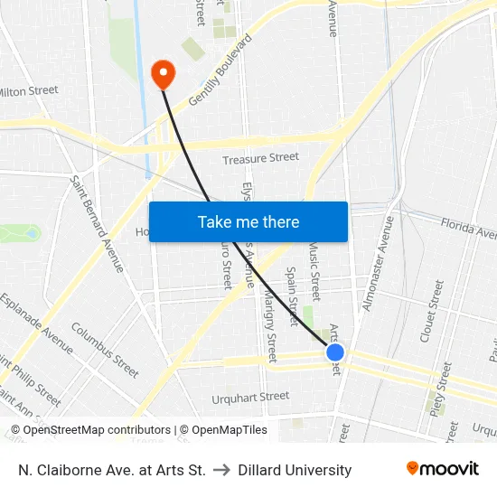 N. Claiborne Ave. at Arts St. to Dillard University map