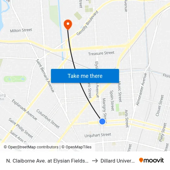 N. Claiborne Ave. at Elysian Fields Ave. to Dillard University map