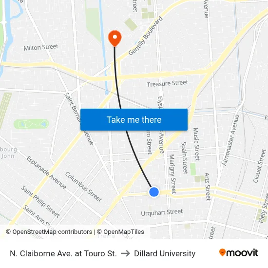 N. Claiborne Ave. at Touro St. to Dillard University map