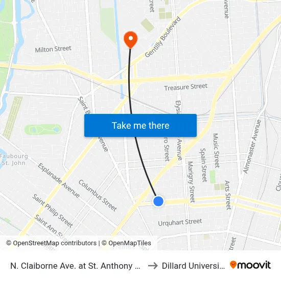 N. Claiborne Ave. at St. Anthony St. to Dillard University map