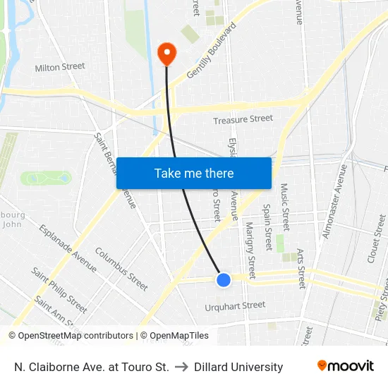 N. Claiborne Ave. at Touro St. to Dillard University map