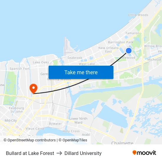 Bullard at Lake Forest to Dillard University map