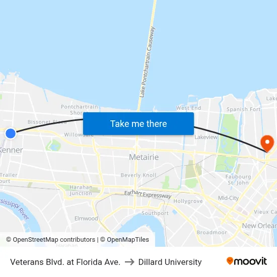 Veterans Blvd. at Florida Ave. to Dillard University map