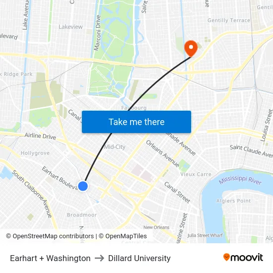 Earhart + Washington to Dillard University map