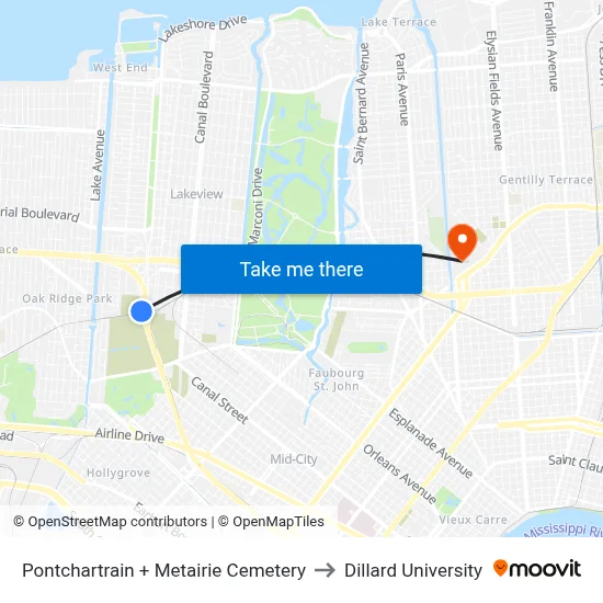 Pontchartrain + Metairie Cemetery to Dillard University map