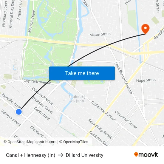 Canal + Hennessy (In) to Dillard University map