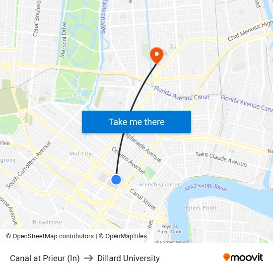 Canal at Prieur (In) to Dillard University map