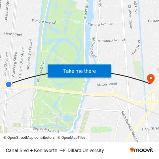 Canal Blvd + Kenilworth to Dillard University map