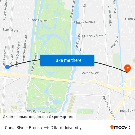 Canal Blvd + Brooks to Dillard University map