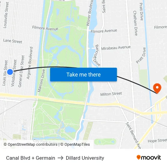 Canal Blvd + Germain to Dillard University map