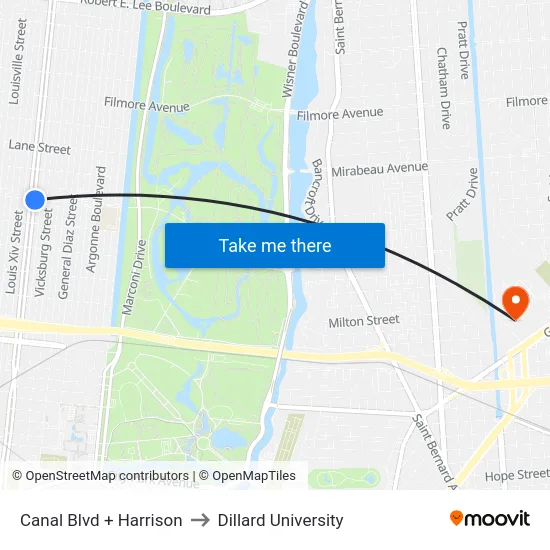 Canal Blvd + Harrison to Dillard University map