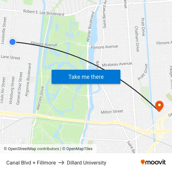 Canal Blvd + Fillmore to Dillard University map