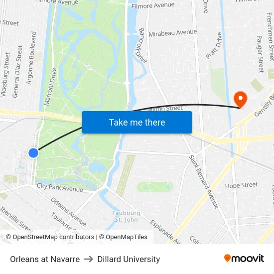 Orleans at Navarre to Dillard University map
