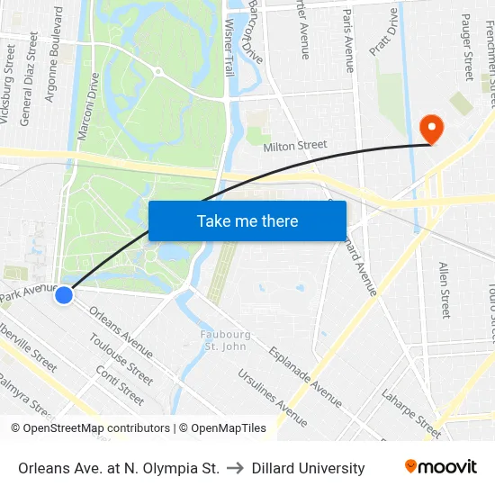 Orleans Ave. at N. Olympia St. to Dillard University map