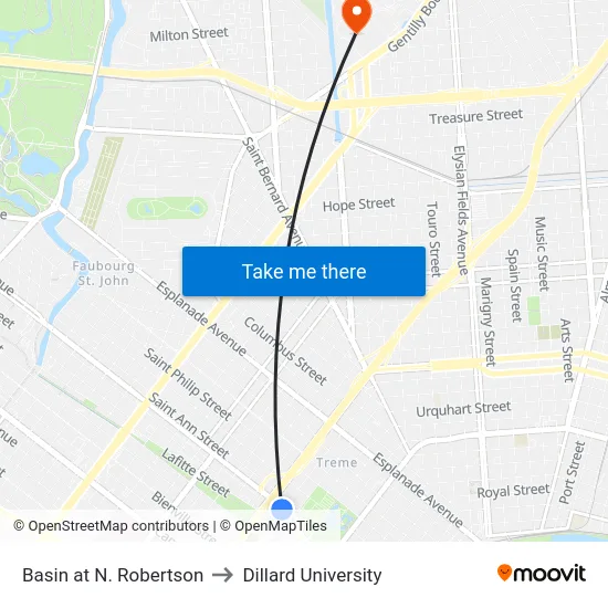 Basin at N. Robertson to Dillard University map