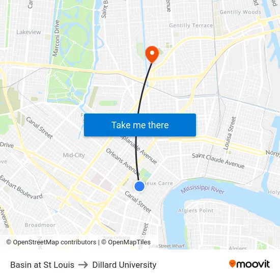 Basin at St Louis to Dillard University map