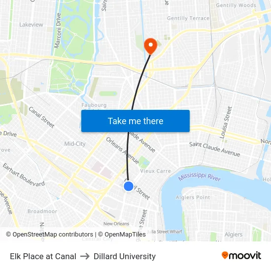 Elk Place at Canal to Dillard University map