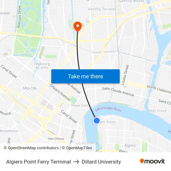 Algiers Point Ferry Terminal to Dillard University map