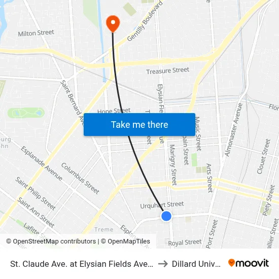 St. Claude Ave. at Elysian Fields Ave. (Farside) to Dillard University map
