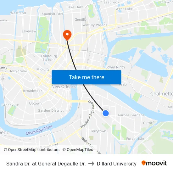 Sandra Dr. at General Degaulle Dr. to Dillard University map