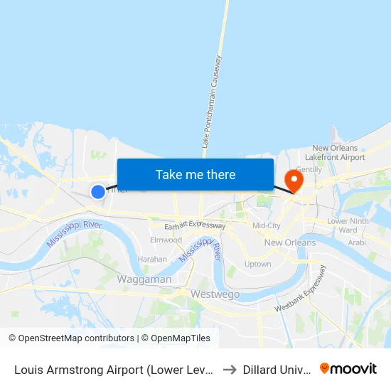 Louis Armstrong Airport (Lower Level- Zone B4) to Dillard University map