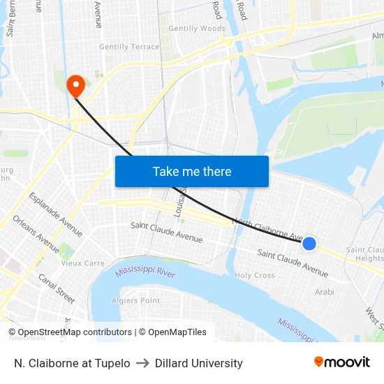 N. Claiborne at Tupelo to Dillard University map