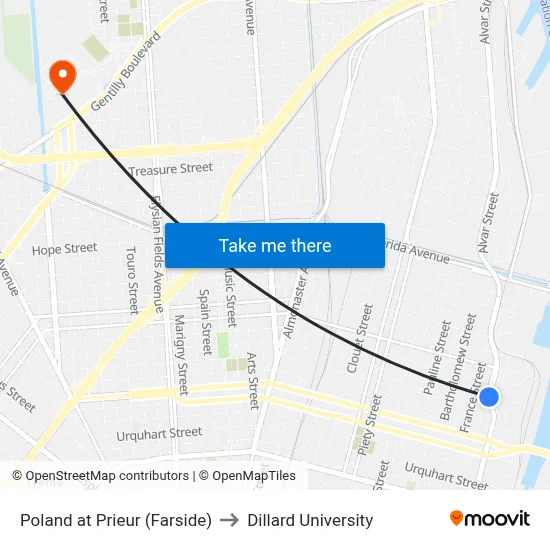 Poland at Prieur (Farside) to Dillard University map