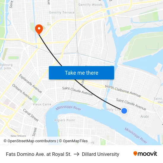 Fats Domino Ave. at Royal St. to Dillard University map