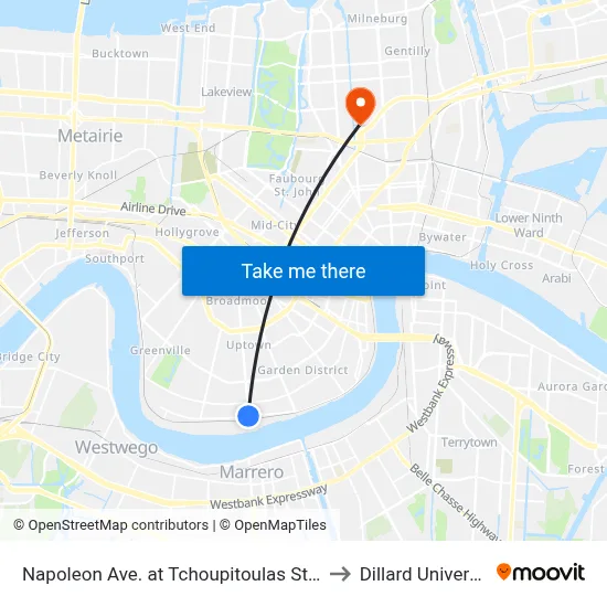 Napoleon Ave. at Tchoupitoulas St. (In) to Dillard University map