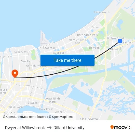 Dwyer at Willowbrook to Dillard University map