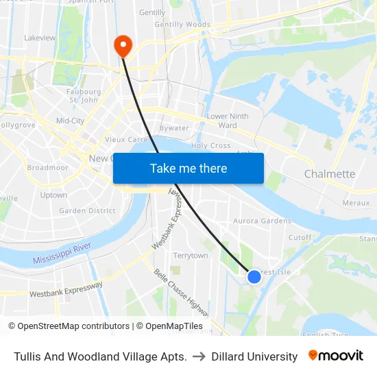 Tullis And Woodland Village Apts. to Dillard University map