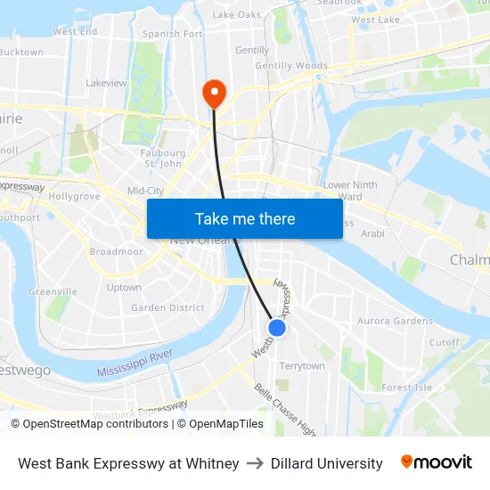 West Bank Expresswy at Whitney to Dillard University map