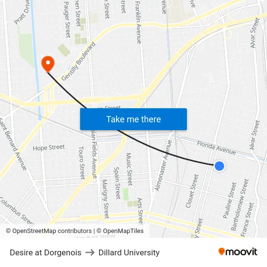 Desire at Dorgenois to Dillard University map