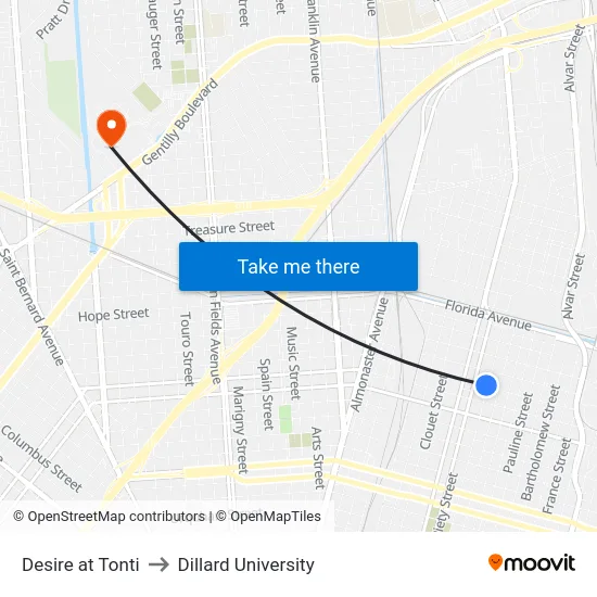 Desire at Tonti to Dillard University map