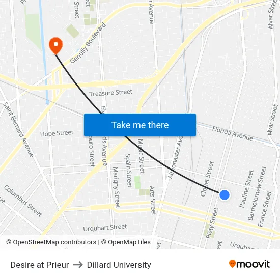 Desire at Prieur to Dillard University map