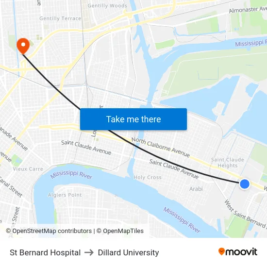 St Bernard Hospital to Dillard University map
