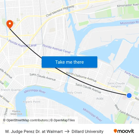 W. Judge Perez Dr. at Walmart to Dillard University map