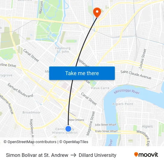 Simon Bolivar at St. Andrew to Dillard University map