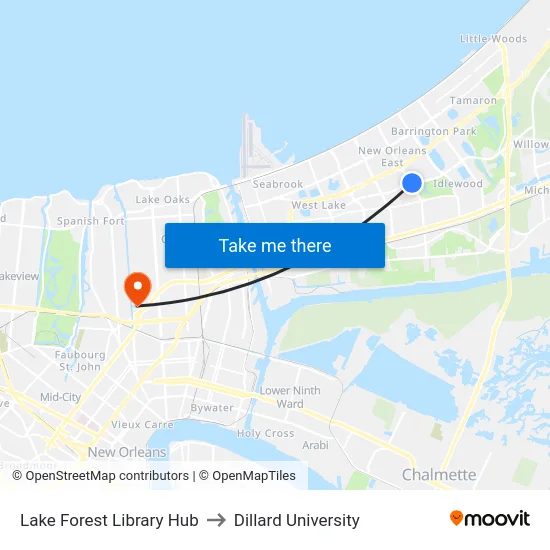 Lake Forest Library Hub to Dillard University map