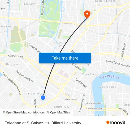 Toledano at S. Galvez to Dillard University map