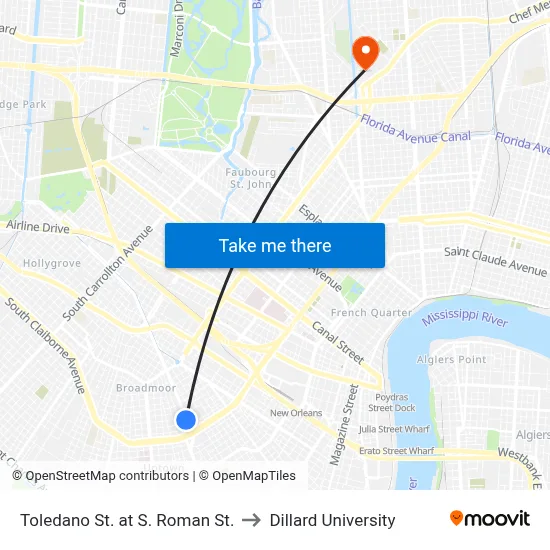 Toledano St. at S. Roman St. to Dillard University map