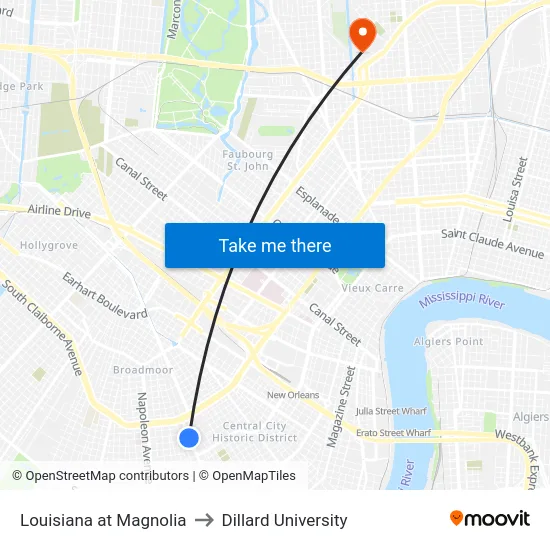 Louisiana at Magnolia to Dillard University map