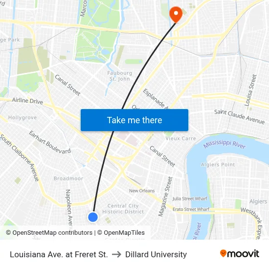 Louisiana Ave. at Freret St. to Dillard University map