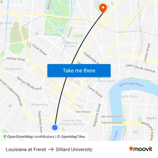 Louisiana at Freret to Dillard University map