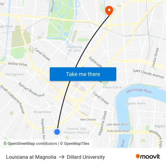 Louisiana at Magnolia to Dillard University map