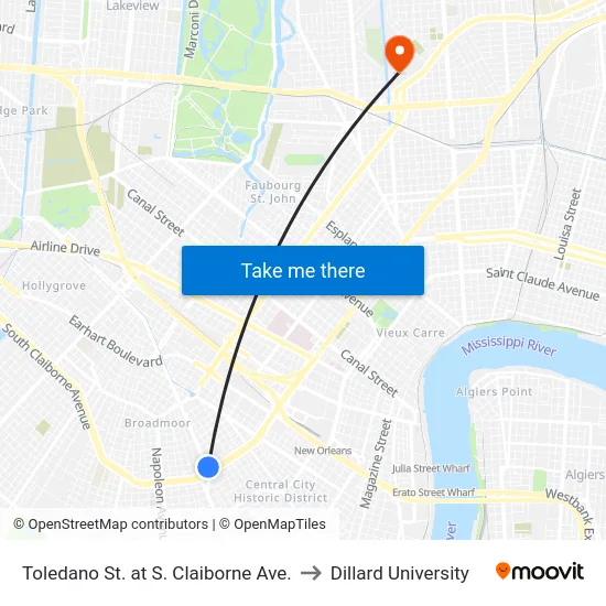 Toledano St. at S. Claiborne Ave. to Dillard University map