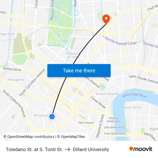 Toledano St. at S. Tonti St. to Dillard University map